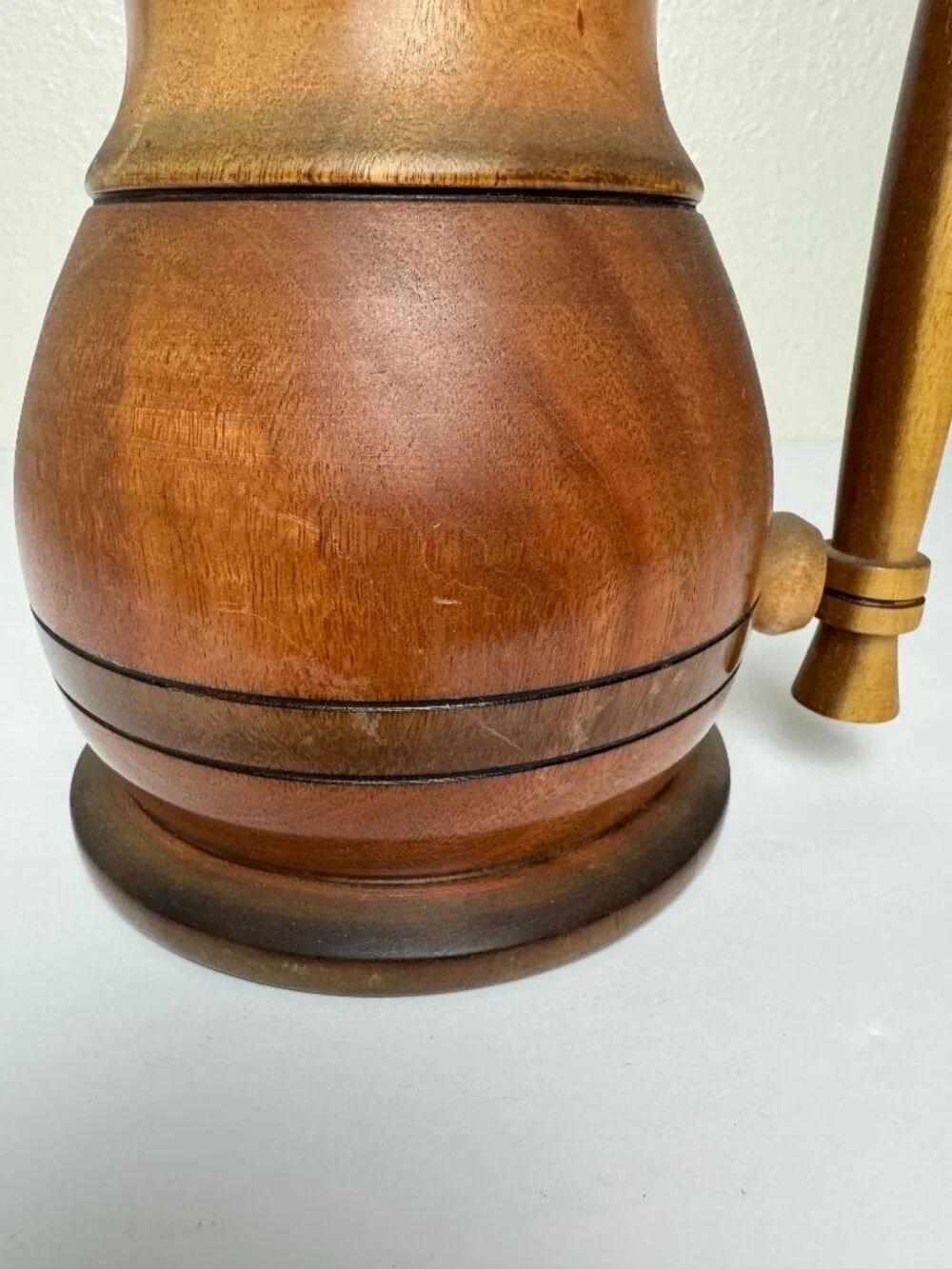 Vintage Hand Turned Wooden Pitcher Mug Rustic Wood Tankard Primitive Farmhouse